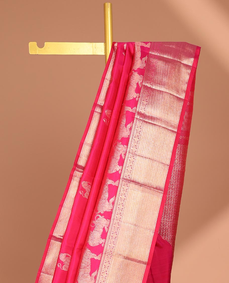 Red animal buttas kanchipuram designer silk saree with self border of sombu, paun, mayil, banaras, mayil kann design & zari design pallu