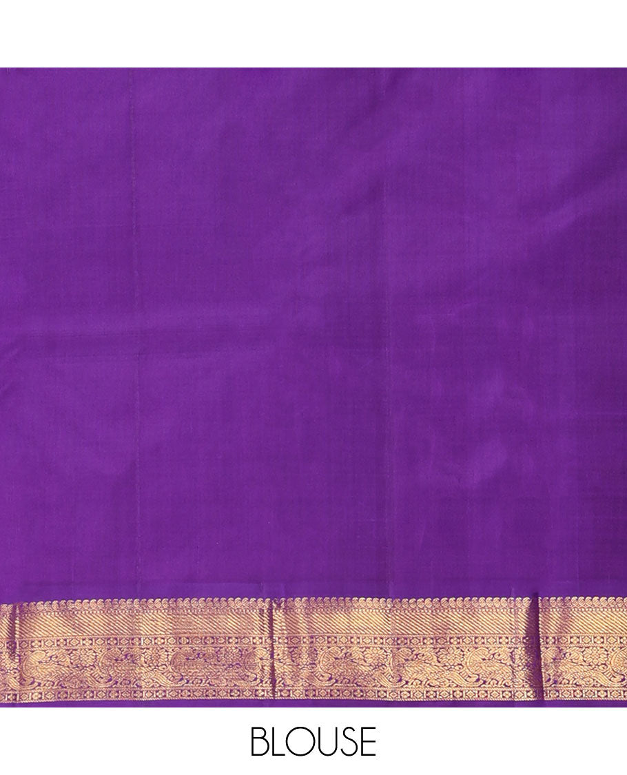 Orange zari buttas Kanchipuram silk saree, contrast korvai border of manga mokku, muthu, diamond, lavangam, and mayil design, and jaal pallu