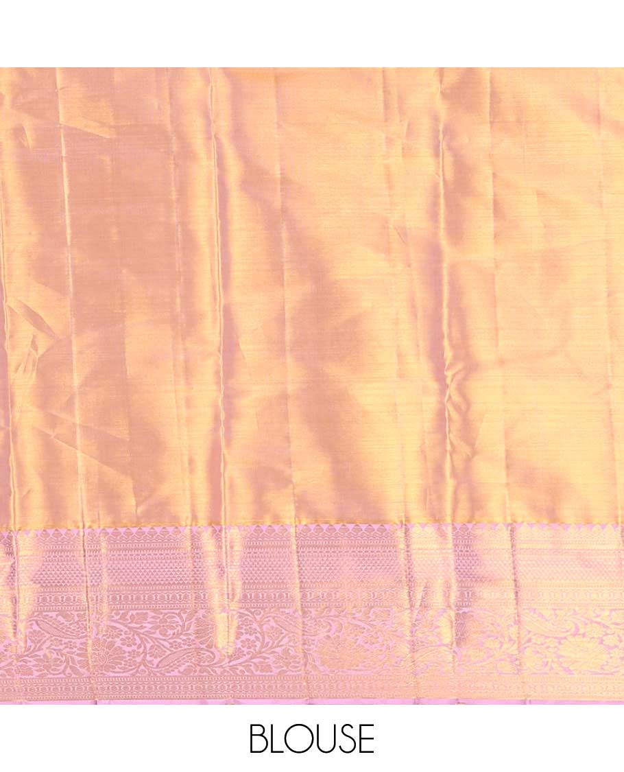 Orange floral jacquard kancheepuram silk saree with contrast thilakam mokku, muthu, kodi visiry, ara madam design & jaal design pallu
