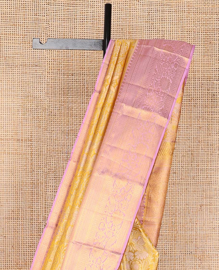 Orange floral jacquard kancheepuram silk saree with contrast thilakam mokku, muthu, kodi visiry, ara madam design & jaal design pallu