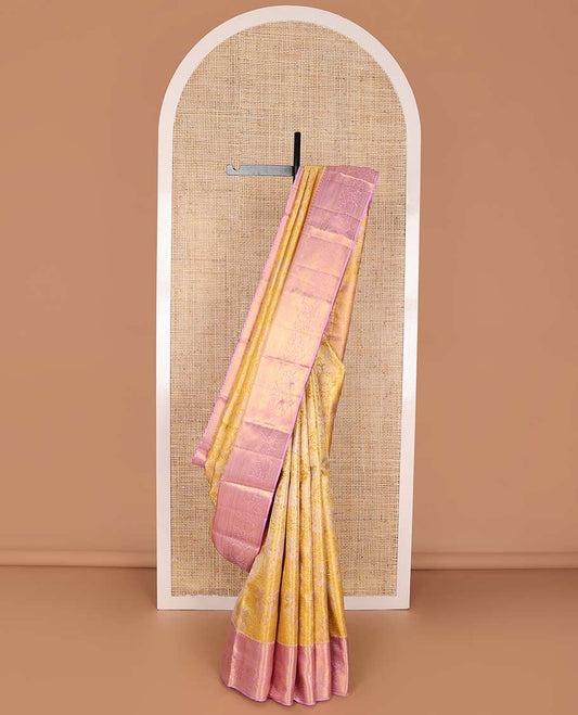 Orange floral jacquard kancheepuram silk saree with contrast thilakam mokku, muthu, kodi visiry, ara madam design & jaal design pallu