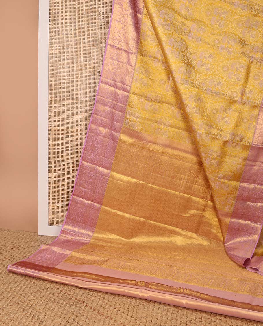 Orange floral jacquard kancheepuram silk saree with contrast thilakam mokku, muthu, kodi visiry, ara madam design & jaal design pallu