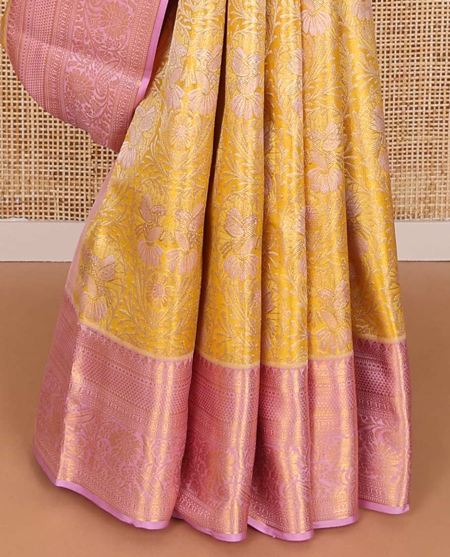 Orange floral jacquard kancheepuram silk saree with contrast thilakam mokku, muthu, kodi visiry, ara madam design & jaal design pallu