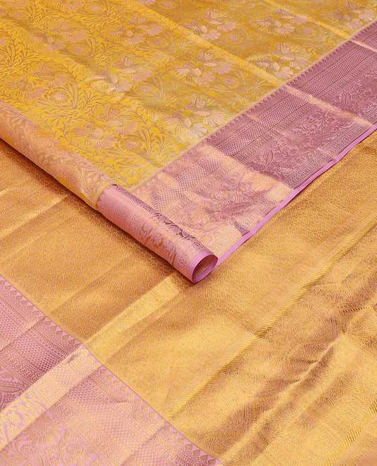 Orange floral jacquard kancheepuram silk saree with contrast thilakam mokku, muthu, kodi visiry, ara madam design & jaal design pallu