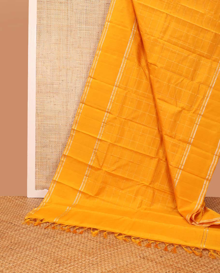 Orange checked kancheepuram silk saree with self zari border
