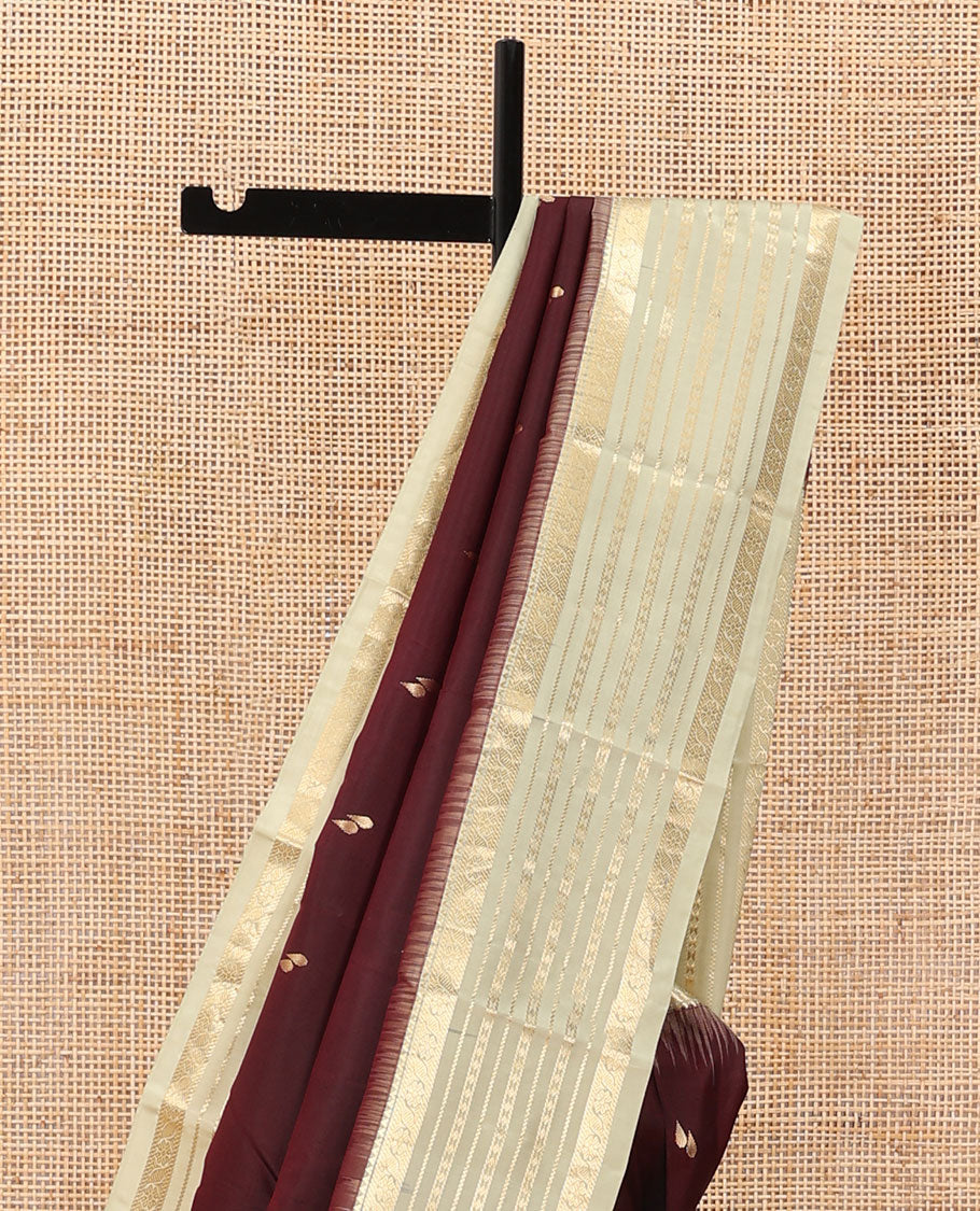 Maroon zari buttas silk saree, contrast border of rekku,banaras,cross kamalam & diamond & jaal pallu