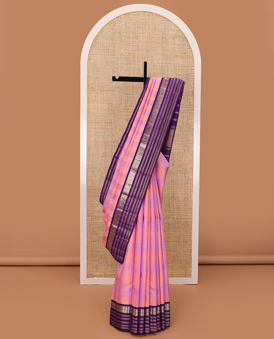 Multi-color checked design Kanchipuram silk saree, contrast korvai border of rekku, muthu, diamond, kuthirai, and mayil chakram, and zari design pallu