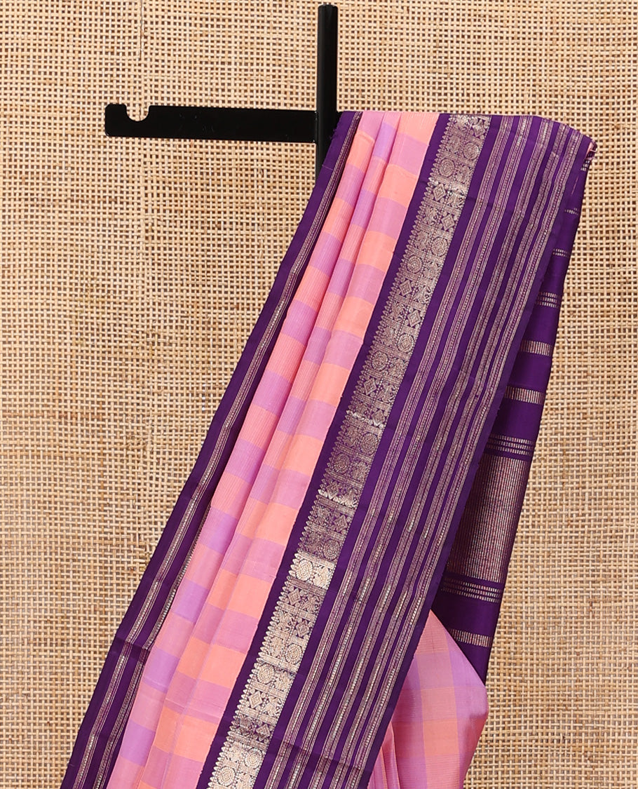 Multi-color checked design Kanchipuram silk saree, contrast korvai border of rekku, muthu, diamond, kuthirai, and mayil chakram, and zari design pallu