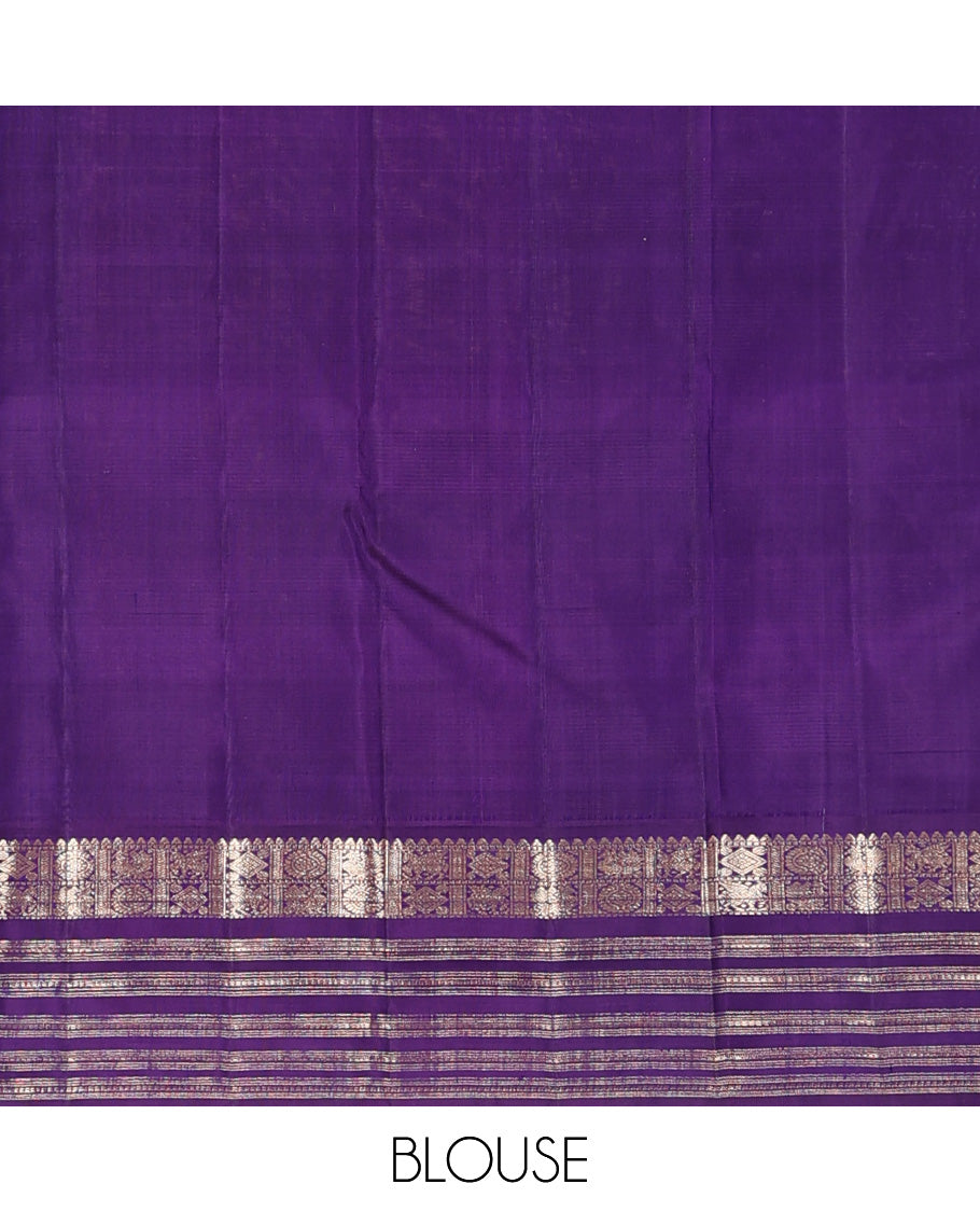 Multi-color checked design Kanchipuram silk saree, contrast korvai border of rekku, muthu, diamond, kuthirai, and mayil chakram, and zari design pallu