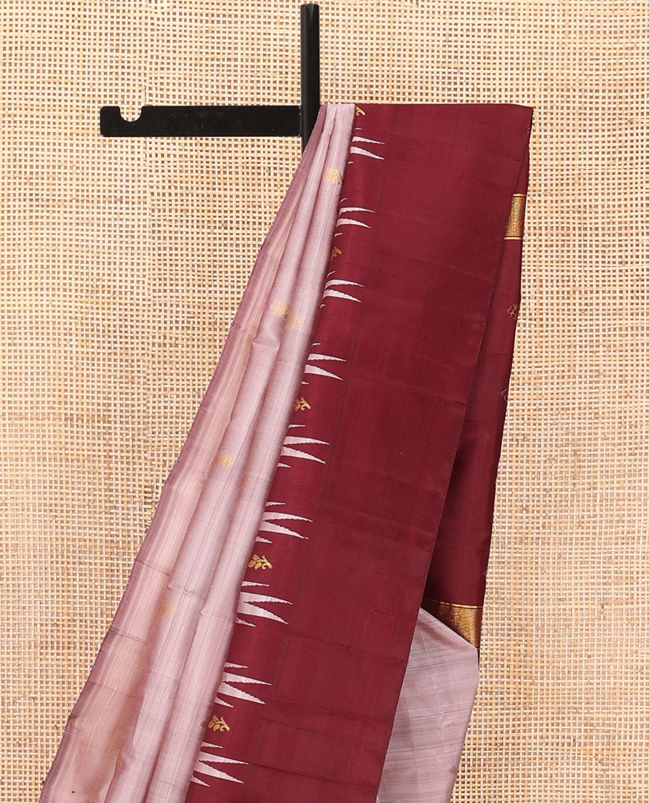 Onion pink zari buttas Kanchipuram silk saree, contrast thazampoo rekku zari buttas one-side border & zari design pallu