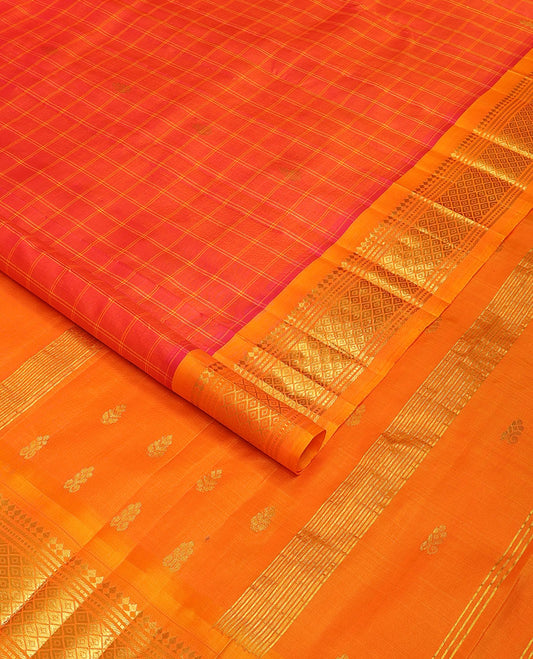 Orange checked Kanchipuram silk saree, contrast one-sided border of panner sombu,banaras,muthu & mayil kann & zari design pallu