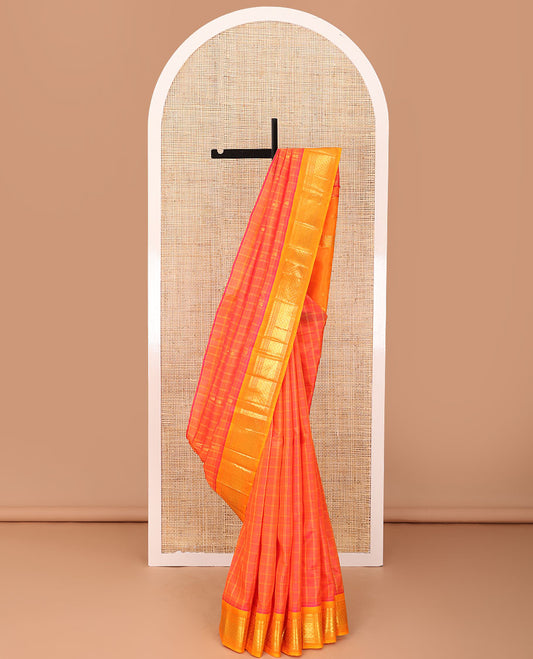 Orange checked Kanchipuram silk saree, contrast one-sided border of panner sombu,banaras,muthu & mayil kann & zari design pallu