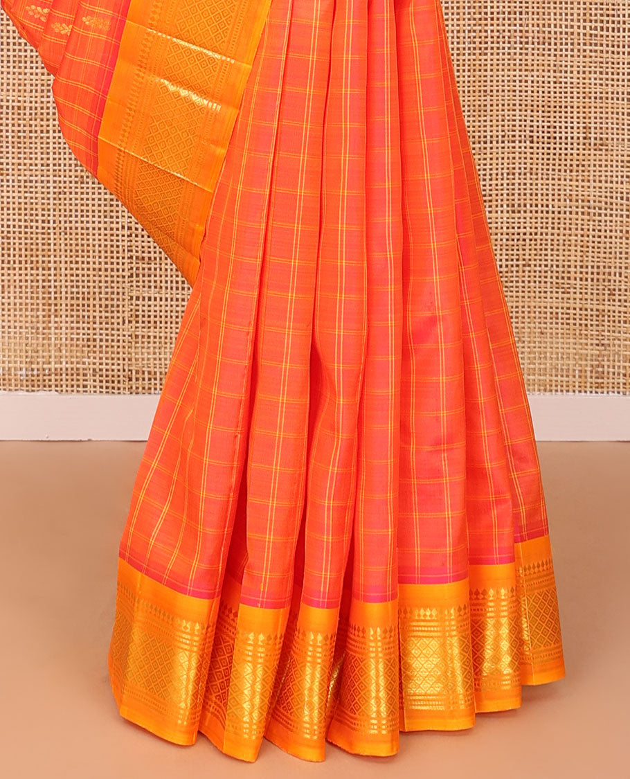 Orange checked Kanchipuram silk saree, contrast one-sided border of panner sombu,banaras,muthu & mayil kann & zari design pallu