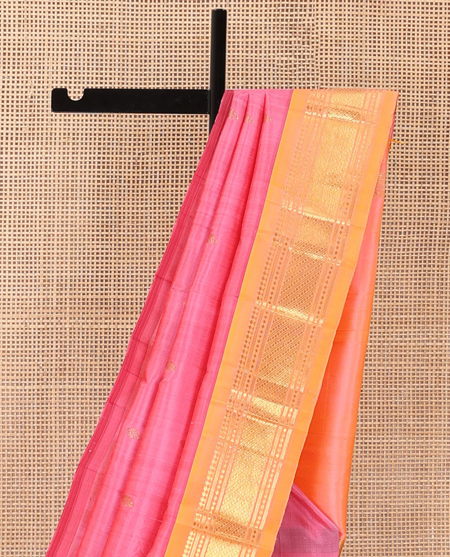 Pink zari buttas Kanchipuram silk saree, contrast one-sided border of panner sombu, banaras, diamond, and paisa designs, and zari design pallu