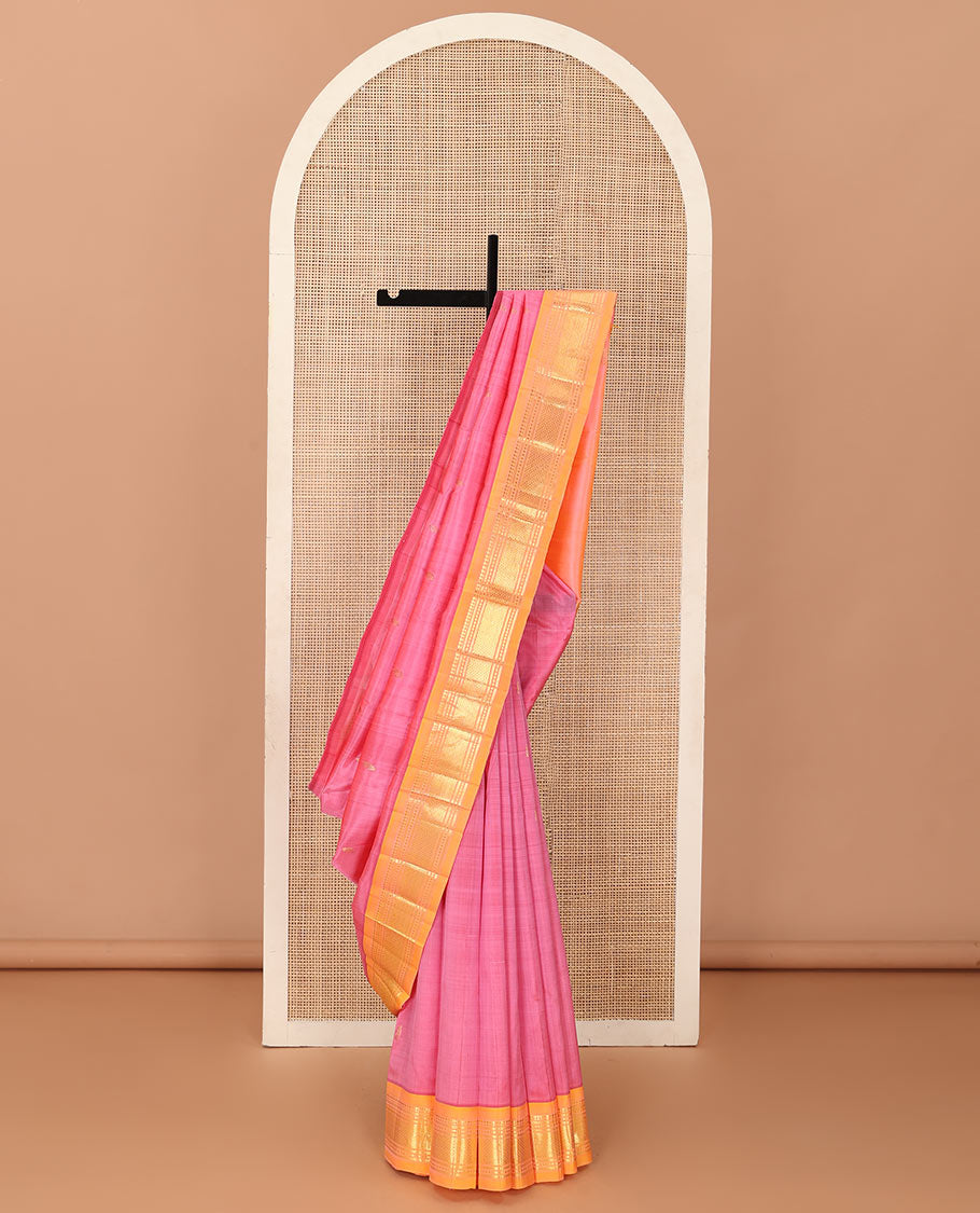 Pink zari buttas Kanchipuram silk saree, contrast one-sided border of panner sombu, banaras, diamond, and paisa designs, and zari design pallu