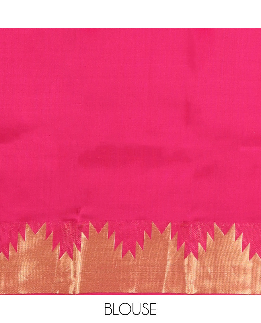 Red plain Kanchipuram silk saree, thazampoo rekku zari border, and pallu of mayil kann