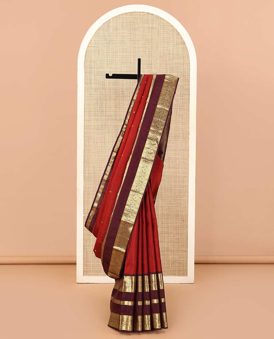 Red zari buttas Kanchipuram silk saree, contrast border of manga mokku, poun, laddu kamalam, and zari designs, and jaal pallu