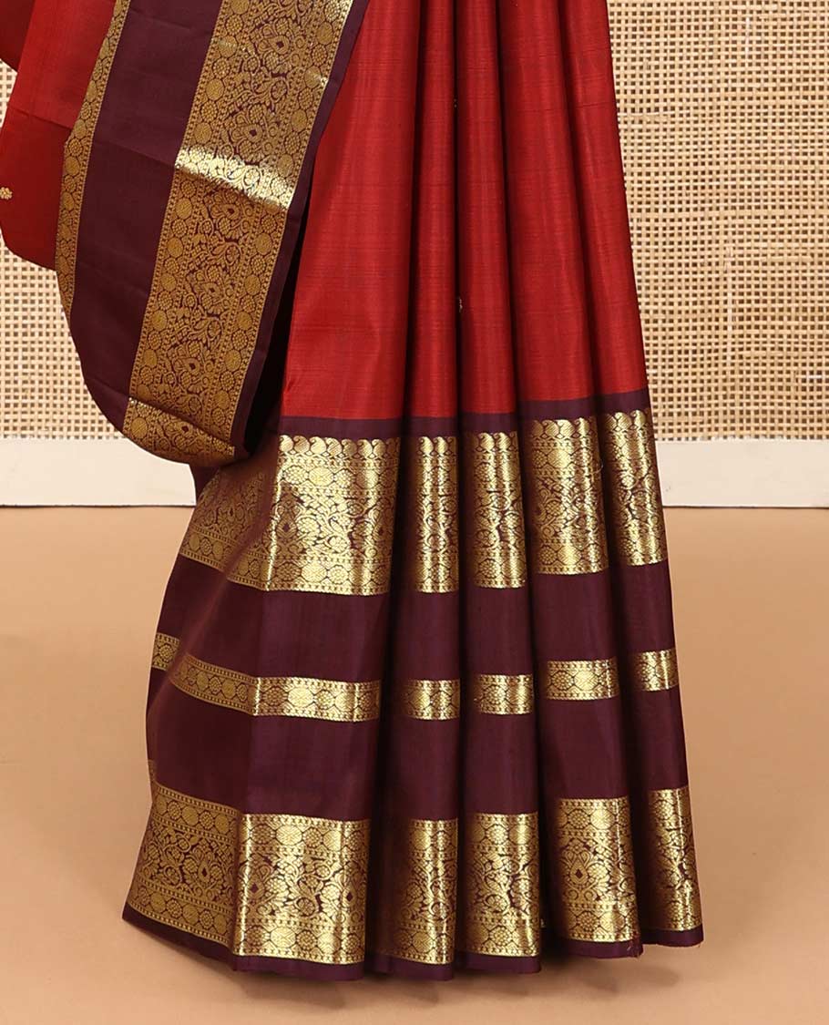 Red zari buttas Kanchipuram silk saree, contrast border of manga mokku, poun, laddu kamalam, and zari designs, and jaal pallu