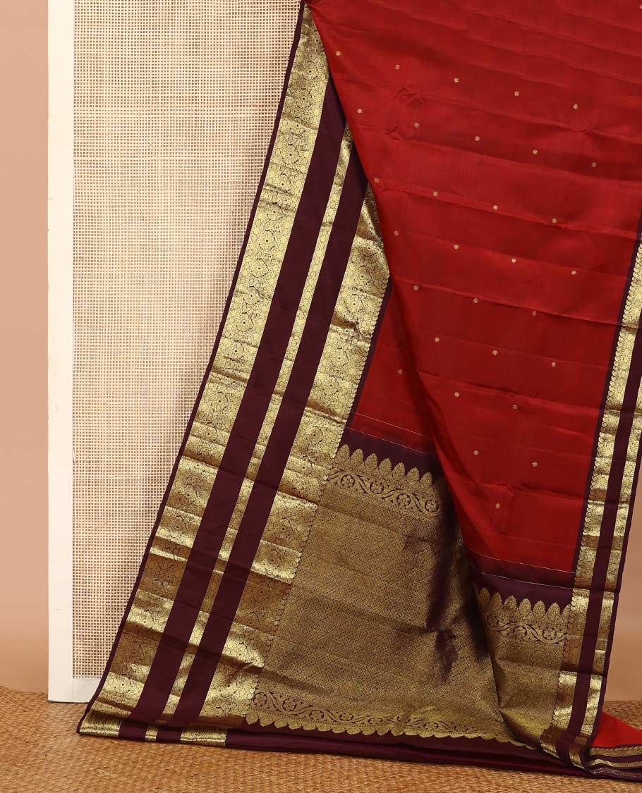 Red zari buttas Kanchipuram silk saree, contrast border of manga mokku, poun, laddu kamalam, and zari designs, and jaal pallu