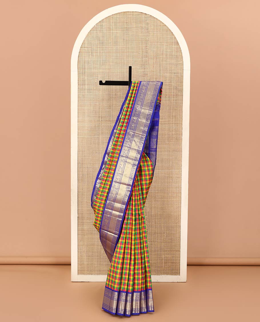 Multi-color paalum pazhamum checked Kanchipuram silk saree, contrast korvai border of manga mokku, kathir, muthu, mayil, and jaal design, and jaal pallu