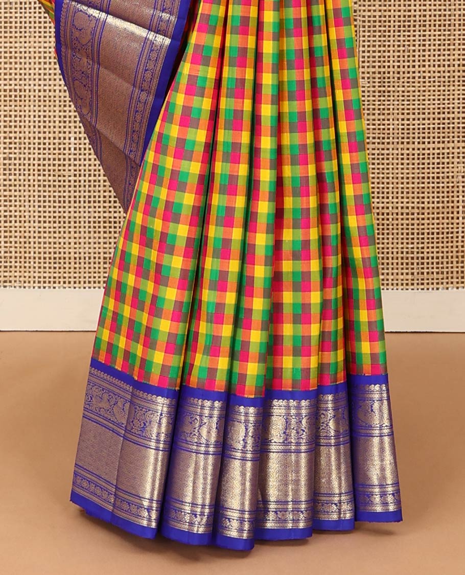 Multi-color paalum pazhamum checked Kanchipuram silk saree, contrast korvai border of manga mokku, kathir, muthu, mayil, and jaal design, and jaal pallu