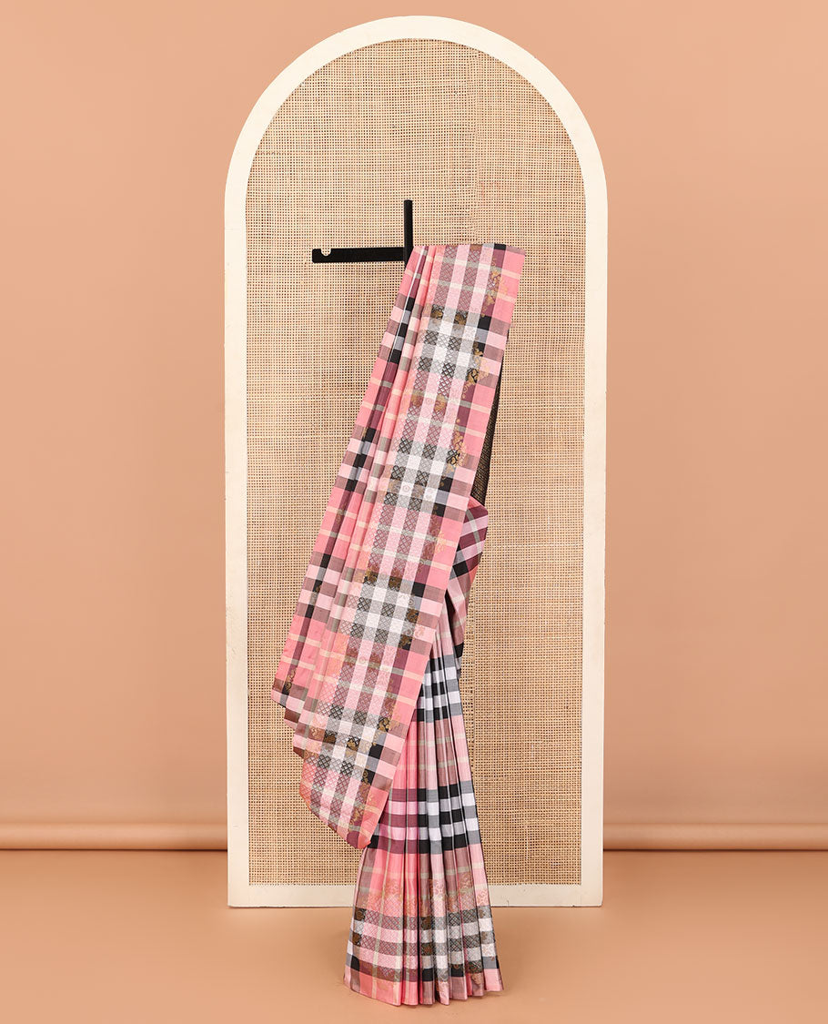 Borderless multi-color checked Kanchipuram silk saree features zari woven ara maadam and floral designs, contrast traditional zari motifs steeped pallu