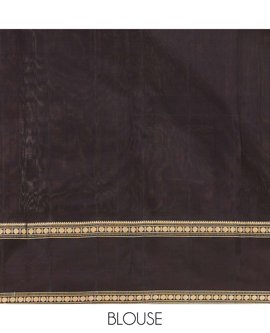 Rust plain Kanchipuram silk saree, contrast border of rekku, muthu, rudraksham and mayil, and zari striped pallu
