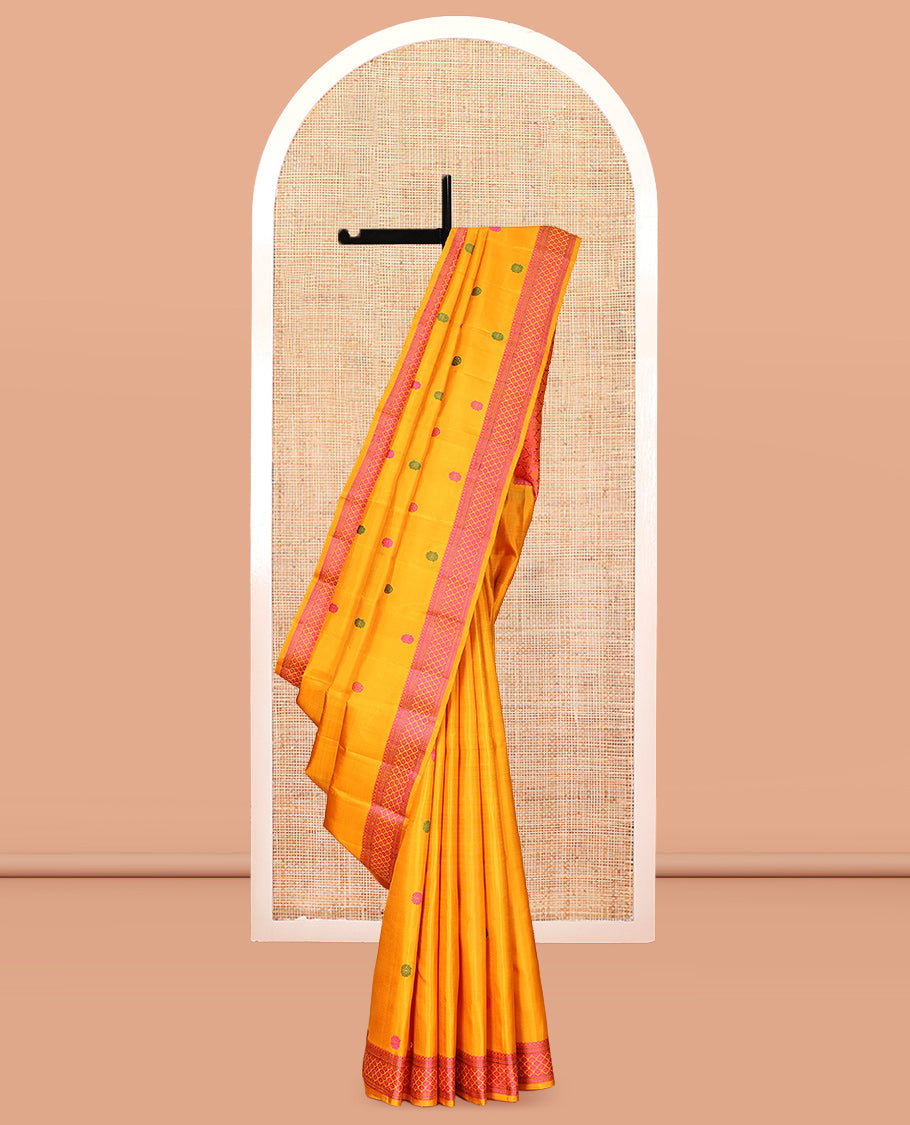 Yellow Thread Buttas Kanchipuram Silk Saree, a Threadwork Border, Intricate Threadwork Pallu, Matching Blouse