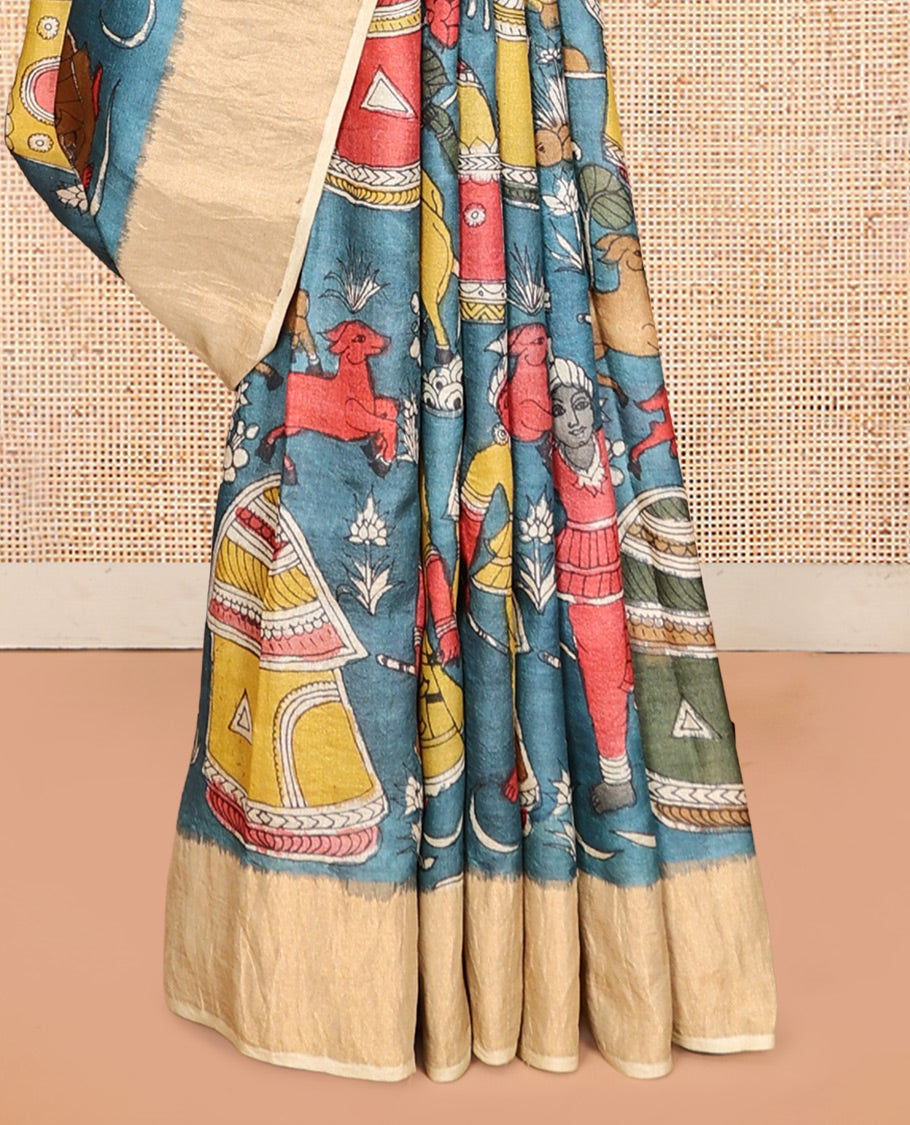 Blue Village-Themed Pen Kalamkari Silk Saree, Adorned with a Contrast Border, and a Contrast Blouse