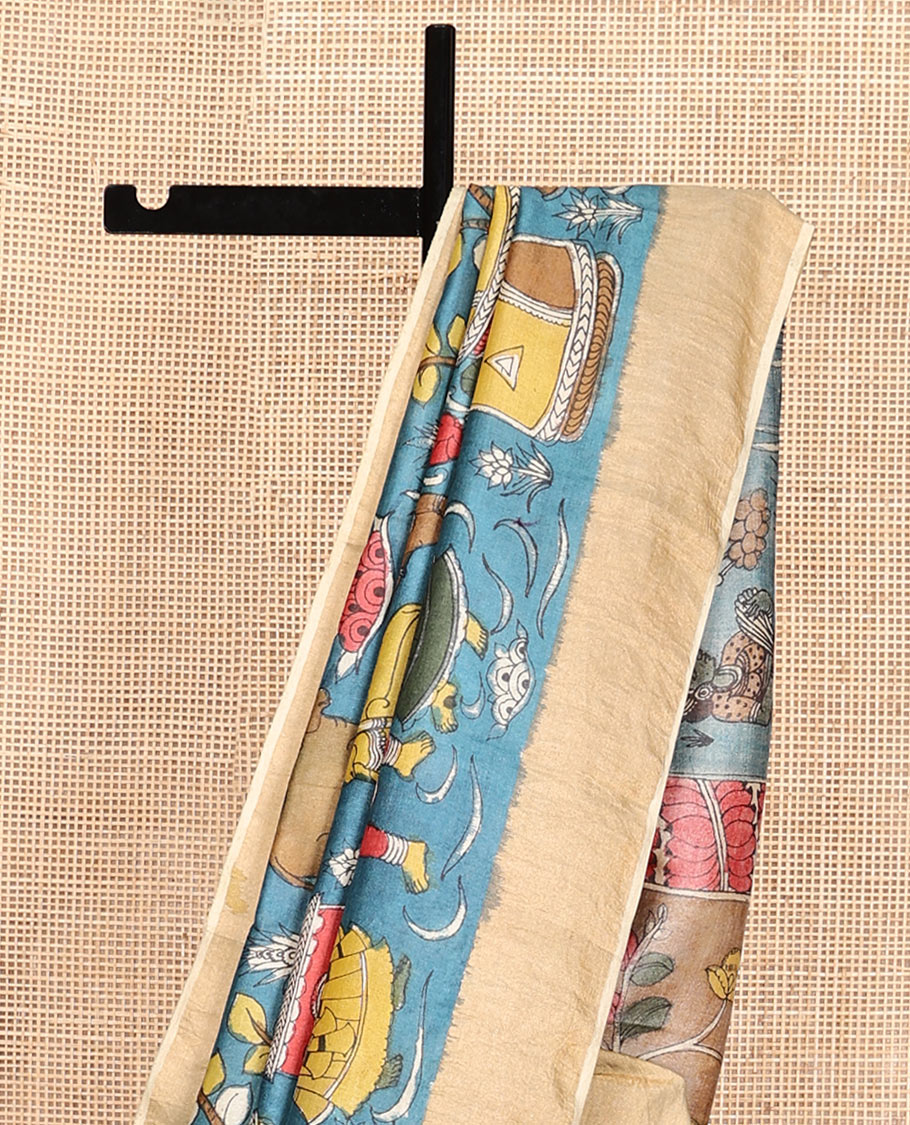 Blue Village-Themed Pen Kalamkari Silk Saree, Adorned with a Contrast Border, and a Contrast Blouse