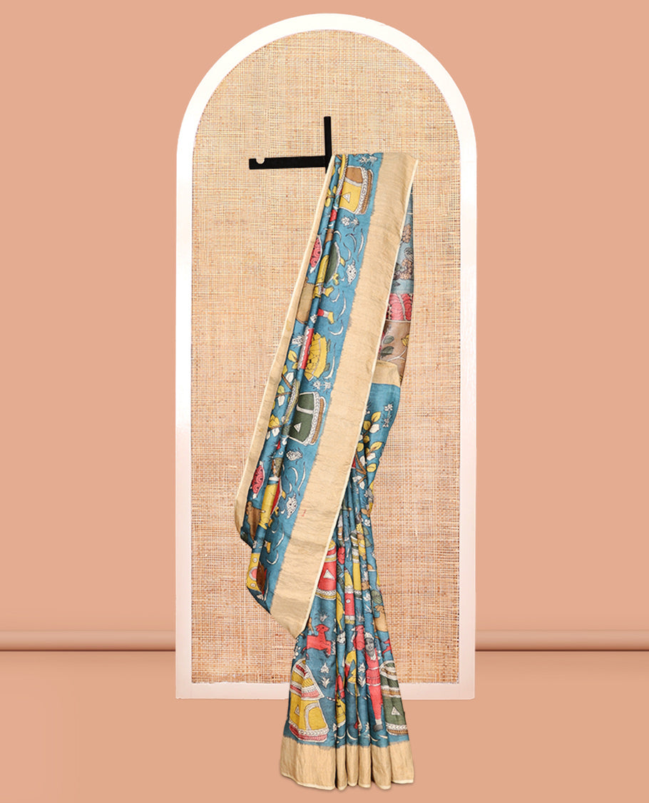 Blue Village-Themed Pen Kalamkari Silk Saree, Adorned with a Contrast Border, and a Contrast Blouse