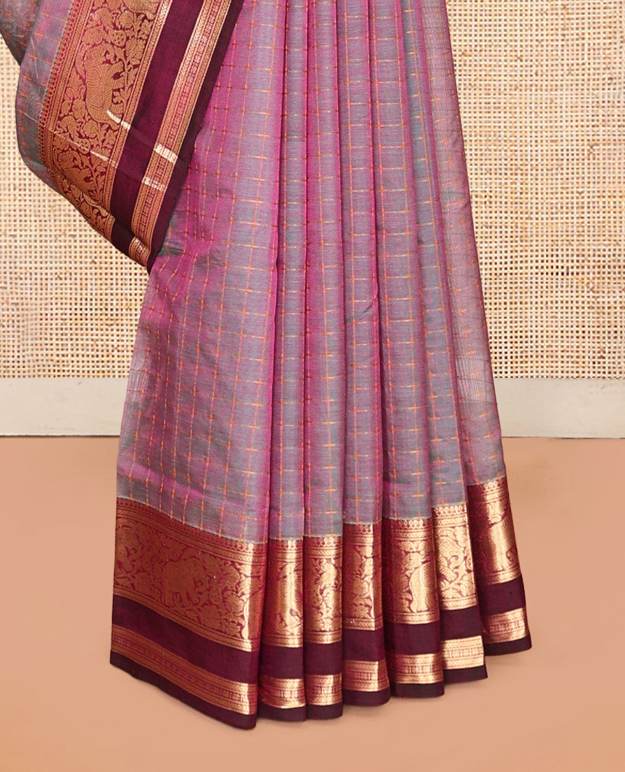 Purple Checked Kuppadam Silk Saree, Contrast Double-Pet Elephant Border, Grand Pallu, Matching Blouse