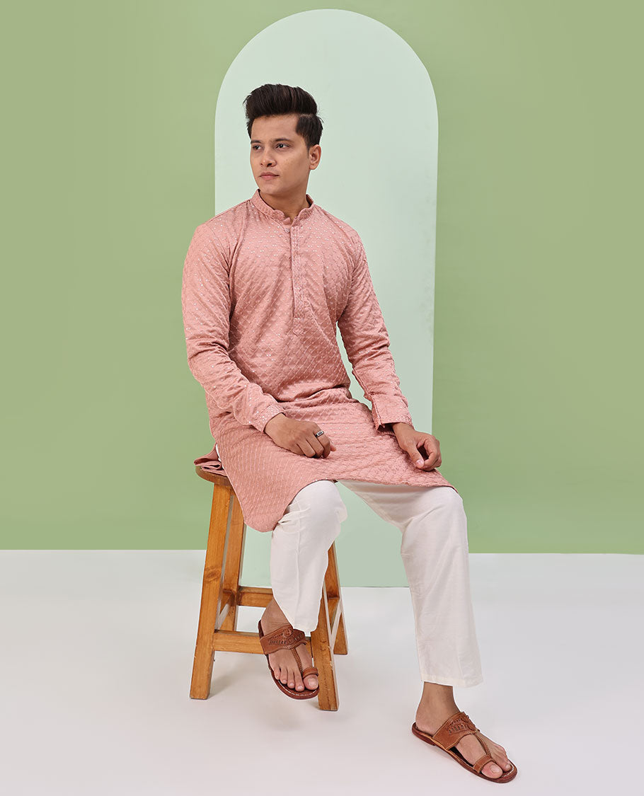 Onion Pink sequin argyle embroidered full-sleeved kurta