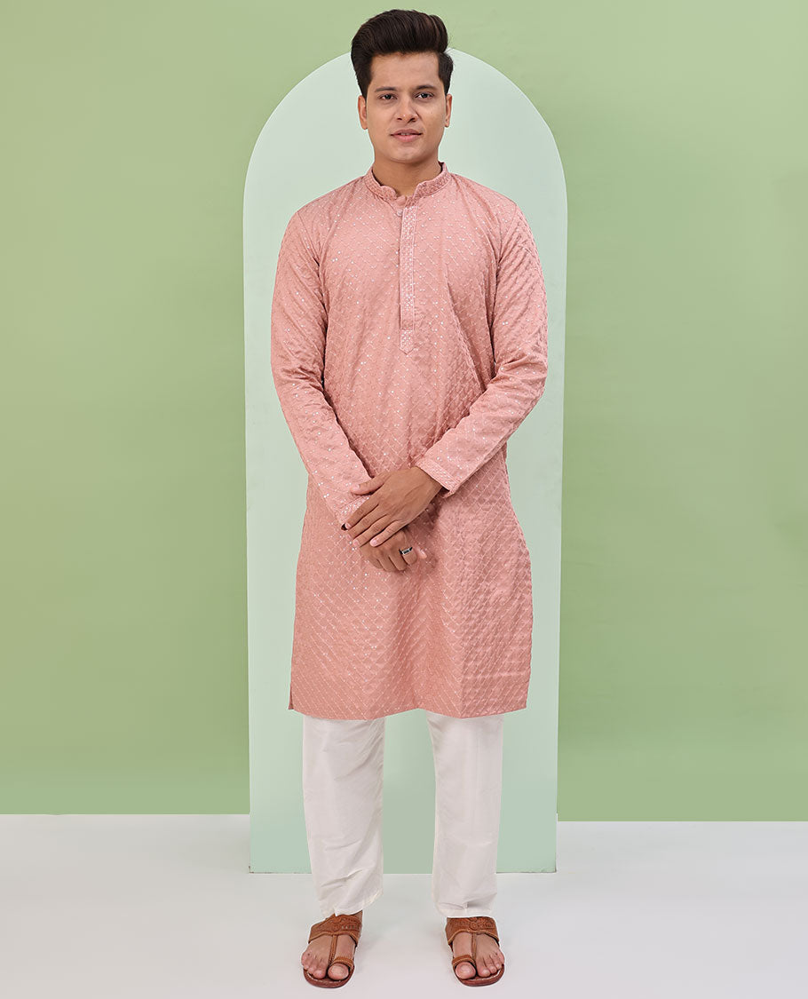 Onion Pink sequin argyle embroidered full-sleeved kurta