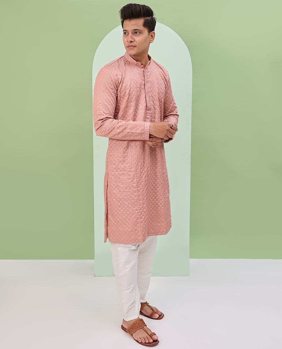 Onion Pink sequin argyle embroidered full-sleeved kurta