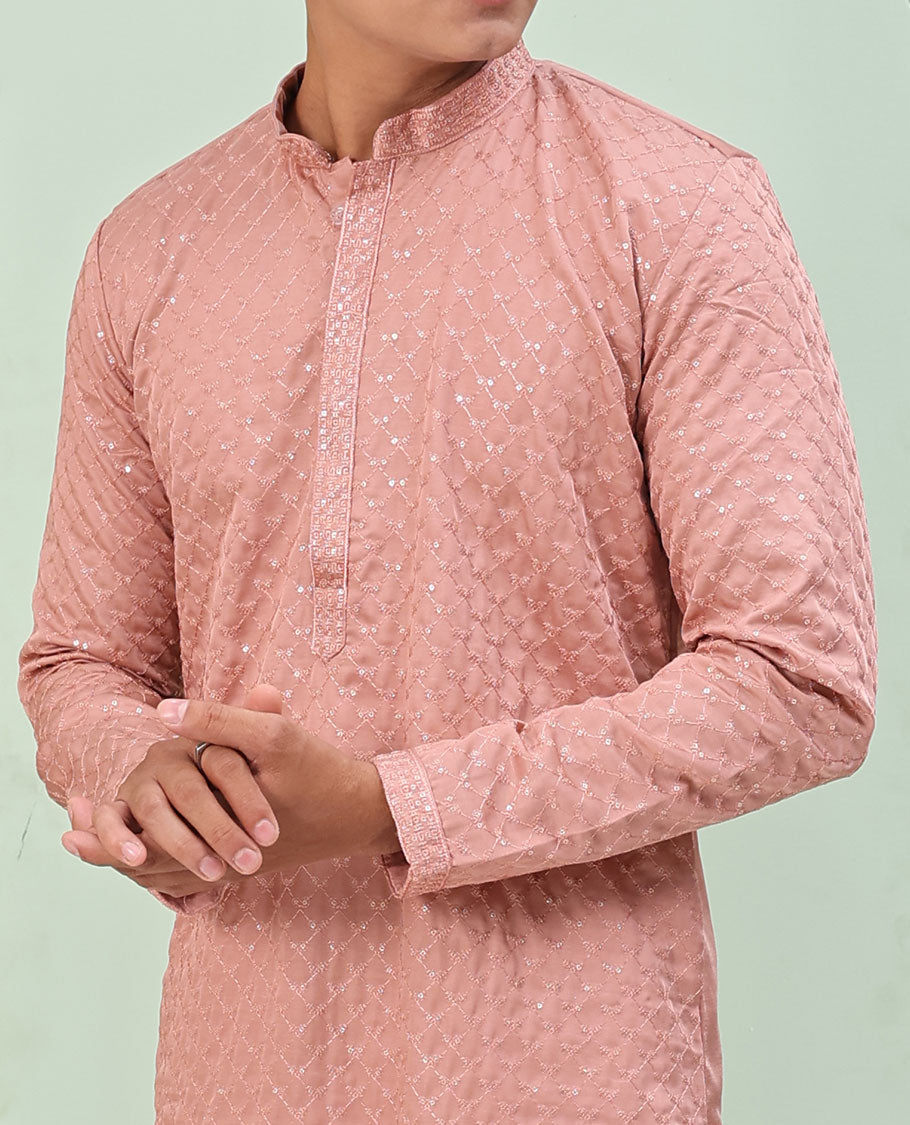 Onion Pink sequin argyle embroidered full-sleeved kurta