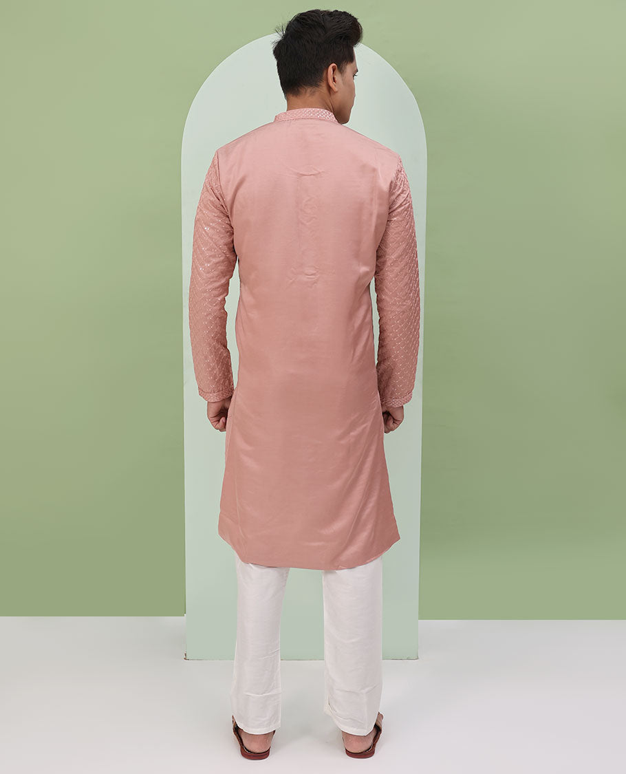 Onion Pink sequin argyle embroidered full-sleeved kurta