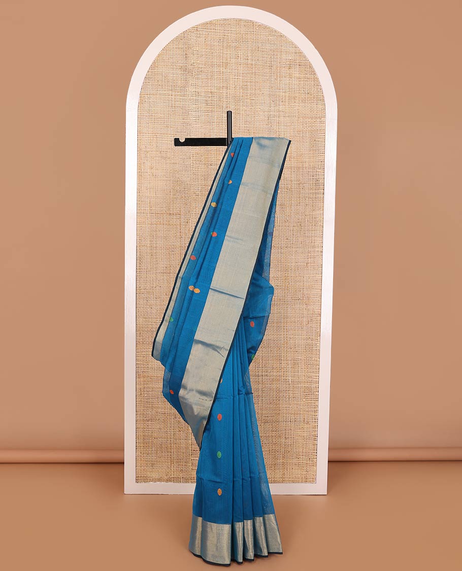 Blue round motifs maheshwari cotton saree with contrast zari border & round motifs, striped pallu