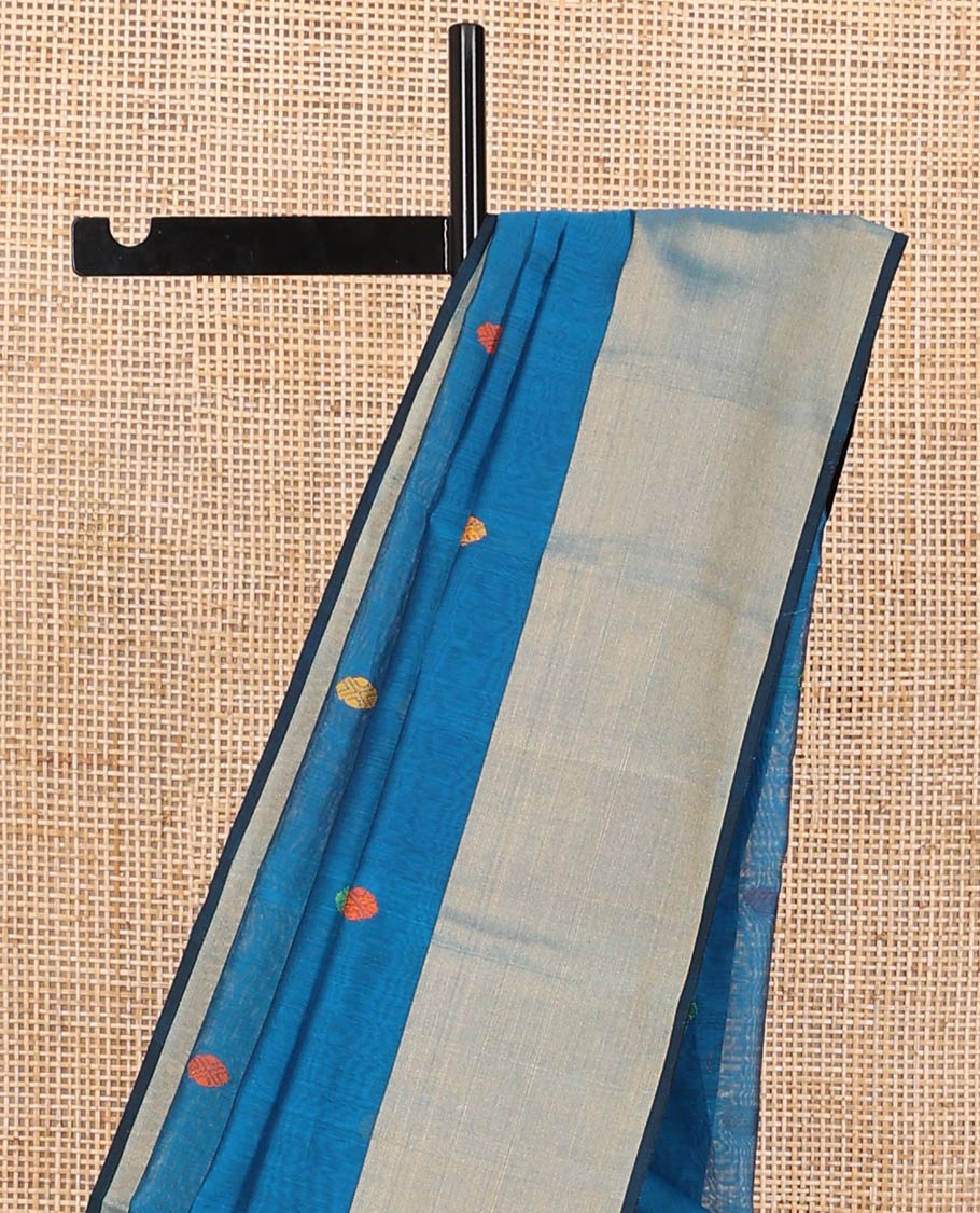 Blue round motifs maheshwari cotton saree with contrast zari border & round motifs, striped pallu