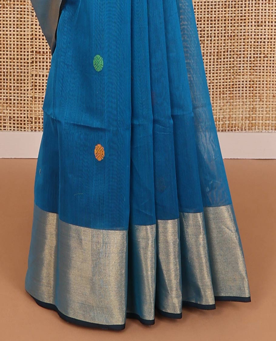 Blue round motifs maheshwari cotton saree with contrast zari border & round motifs, striped pallu