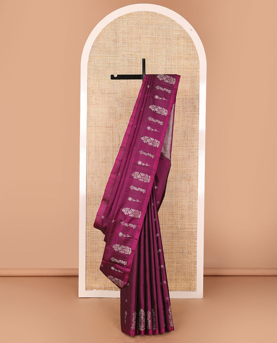 Borderless wine soft silk saree with zari buttas, pallu steeped with zari designs