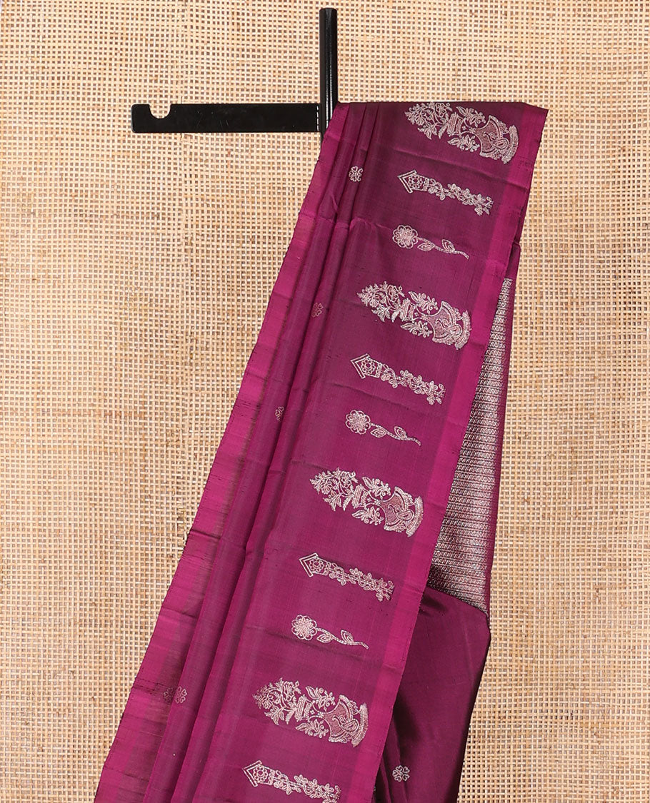 Borderless wine soft silk saree with zari buttas, pallu steeped with zari designs