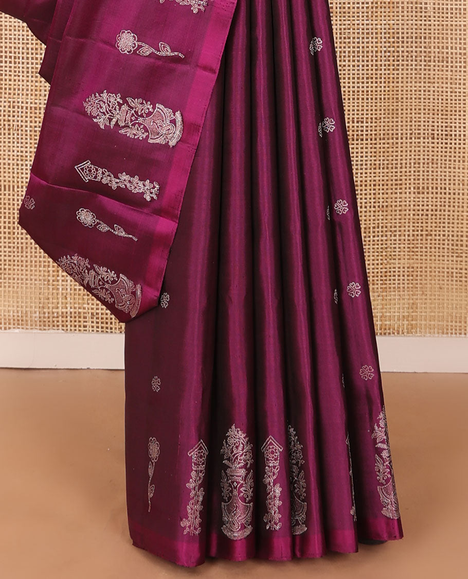 Borderless wine soft silk saree with zari buttas, pallu steeped with zari designs