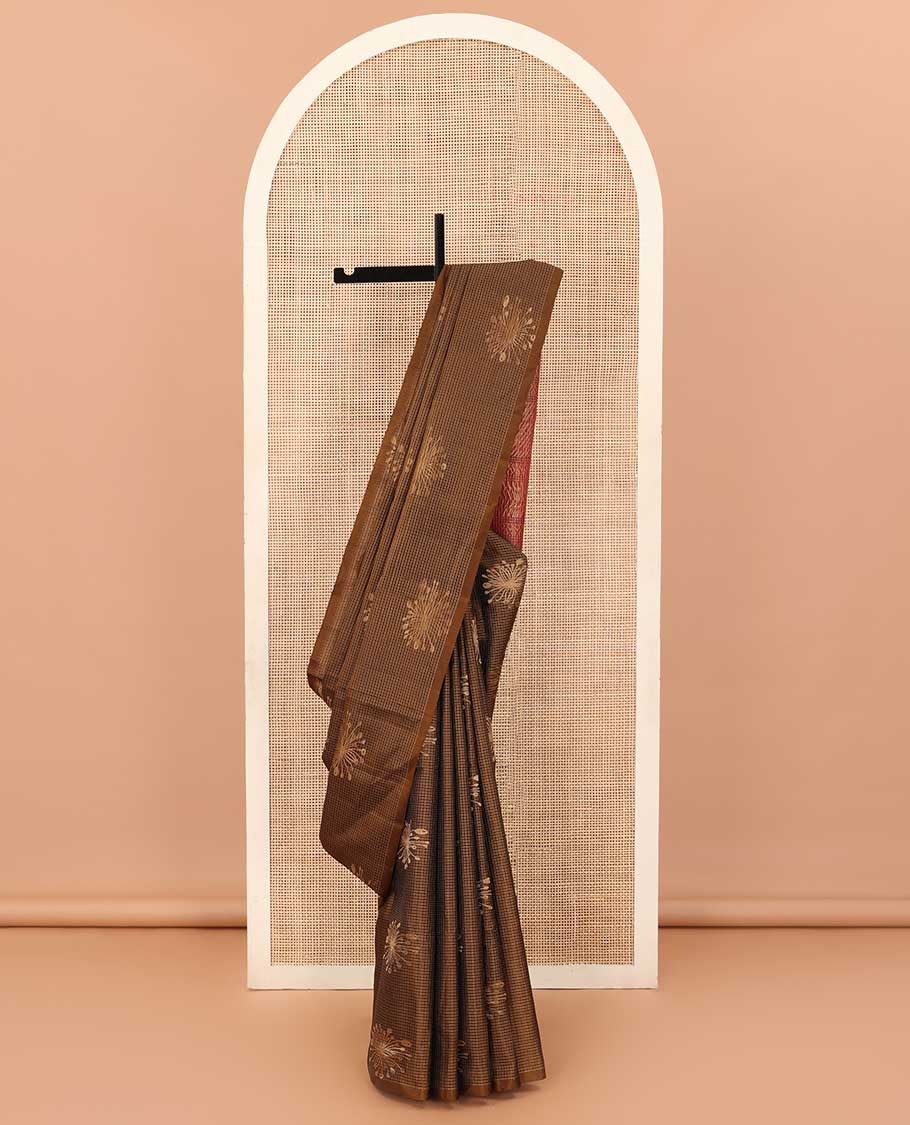 Borderless brown micro-checked and floral zari buttas soft silk saree, contrast geometric patterned pallu