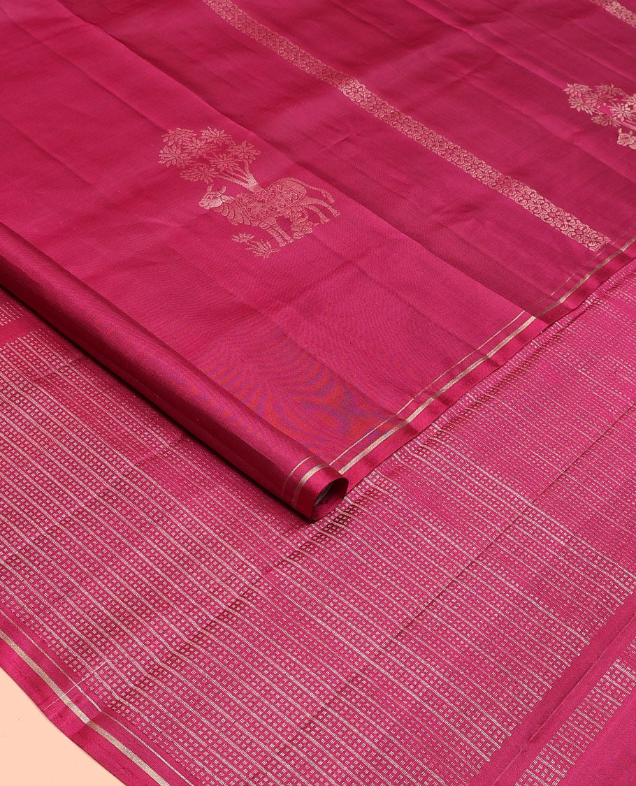 Red pichwai cow motifs soft silk saree, zari piping border, and pallu of stripes and muthu designs