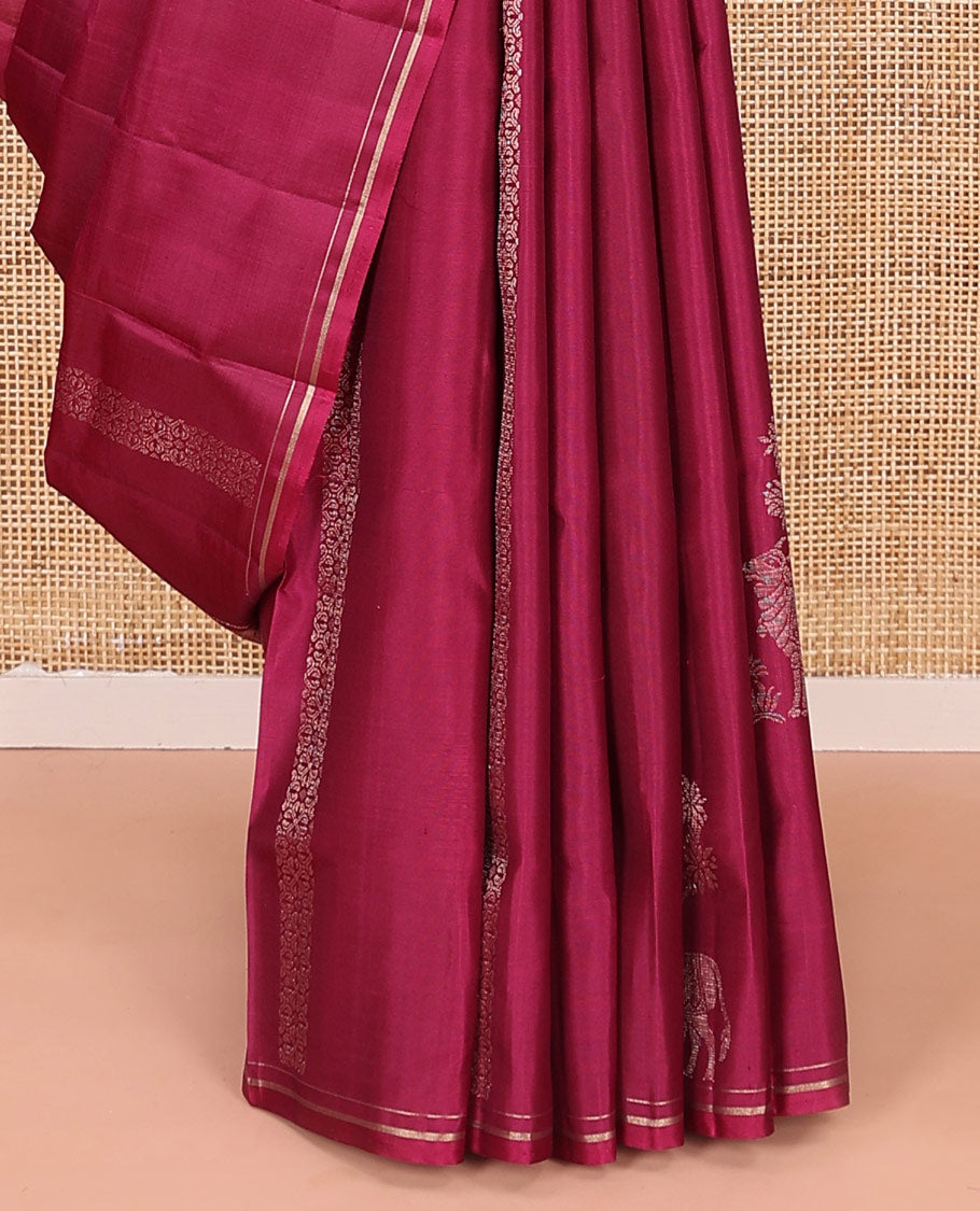 Red pichwai cow motifs soft silk saree, zari piping border, and pallu of stripes and muthu designs