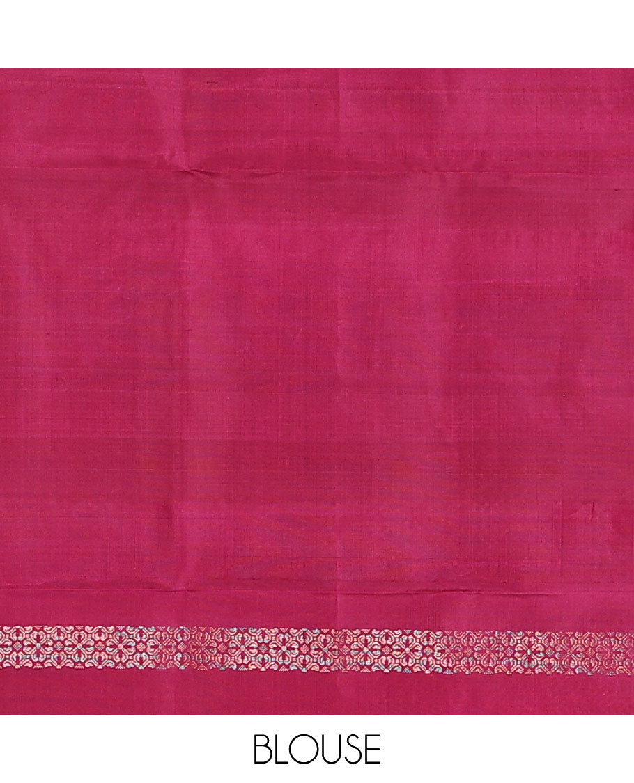 Red pichwai cow motifs soft silk saree, zari piping border, and pallu of stripes and muthu designs