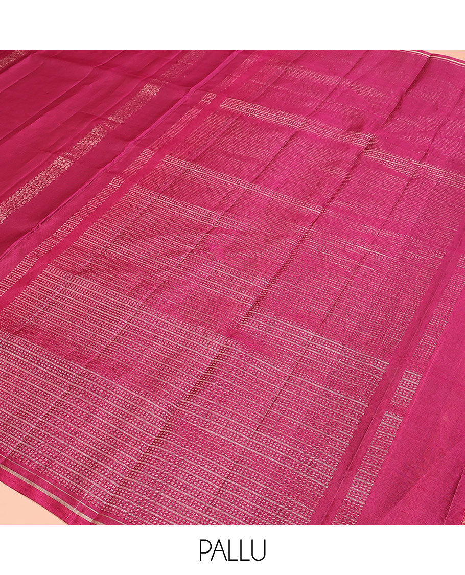 Red pichwai cow motifs soft silk saree, zari piping border, and pallu of stripes and muthu designs