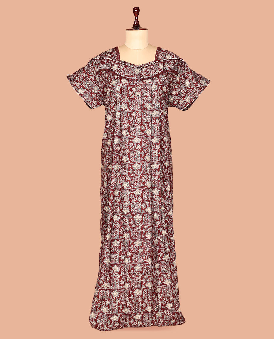 Maroon Geometric Cotton-Blended Nighty