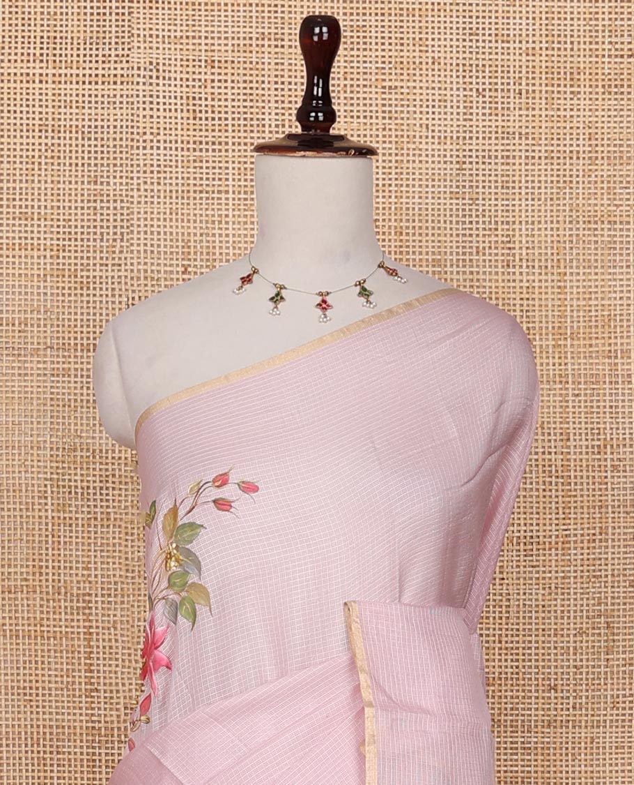 Pastel pink floral motifs hand-painted pure-kota silk saree, piping border, floral hand-painted pallu & plain matching blouse